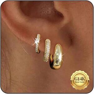 Gold Hoop Earrings Set for Women - 14K Gold Plated Small Hoops, Chunky Thick Ear